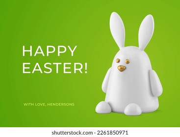 Happy Easter white 3d rabbit bauble cute animal character greeting card design template realistic vector illustration. Bunny hare funny toy with long ears paws and muzzle holiday festive celebration