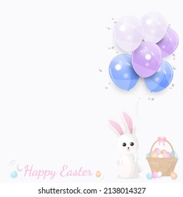 Happy easter white background, bunny holding balloons and easter egg basket with copy space.