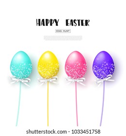 Happy Easter white background with colorful eggs. Egg hunt. Vector illustration. Design layout for invitation, card, menu, banner, poster, voucher.