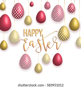 Happy Easter white background with colorful, dotted, striped gold eggs, Egg hunt for children template layout. Vector illustration. Design layout for invitation, card, menu,  banner, poster, voucher.