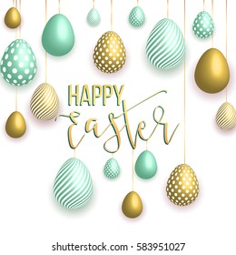 Happy Easter white background with colorful, dotted, striped gold eggs, Egg hunt for children template layout. Vector illustration. Design layout for invitation, card, menu,  banner, poster, voucher.