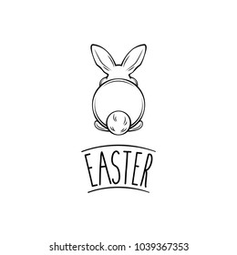 Happy Easter and white bunny bottom. Vector illustration. Easter greeting card. Easter rabbit, hare.
