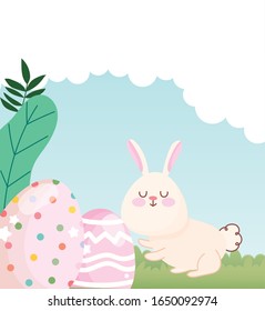 happy easter white bunny with dotted and lined eggs decoration in grass vector illustration