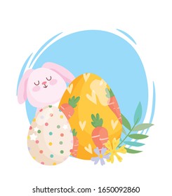 alegre pintado de huevo blanco de Pascua con zanahorias y flores de huevo punteadas ilustración vectorial