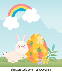 happy easter white bunny egg painting with carrots in grass vector illustration