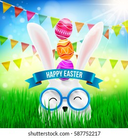 Happy Easter with White Bunny and Easter Eggs Over on Head in Grass.Bunny feel happy with Bunting Triangle Papers Flags,Sunlight and Blue Sky.Vector illustration eps 10