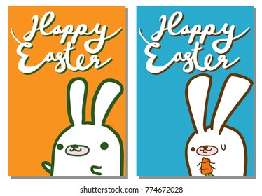 Happy Easter. White Bunny with easter eggs and sign Happy Easter Typography printable on card or poster