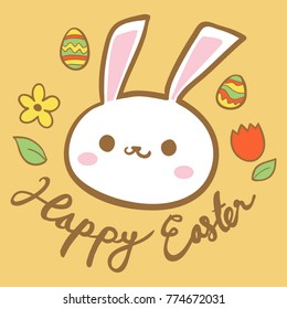 Happy Easter. White Bunny with easter eggs and sign Happy Easter Typography printable on card or poster