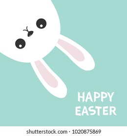 Happy Easter. White bunny hanging upside down. Rabbit looking from the corner. Picaboo. Flat design. Funny head face. Cute kawaii cartoon character. Baby greeting card Blue pastel background. Vector