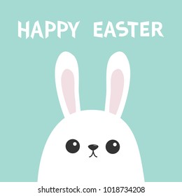 Happy Easter. White bunny rabbit head face. Picaboo. Flat design. Big ears. Cute kawaii funny cartoon character. Baby greeting card. Blue pastel color background. Vector illustration