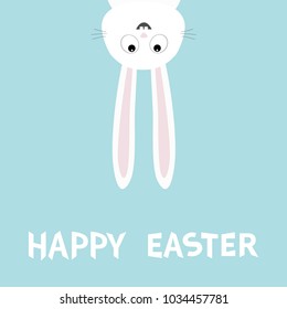 Happy Easter. White bunny rabbit. Funny head face silhouette hanging upside down. Eyes, teeth, big long ears. Cute cartoon character Baby collection. Flat design Blue background. Vector illustration