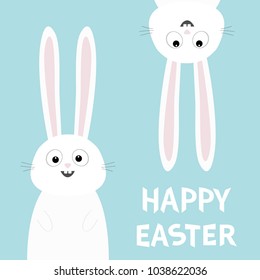 Happy Easter. White bunny rabbit set. Funny head face silhouette hanging upside down. Eyes, teeth, big long ears. Cute cartoon character Baby collection Flat design Blue background Vector illustration