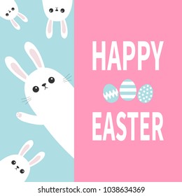 Happy Easter. White bunny rabbit family holding big signboard. Cute cartoon funny animal set hiding behind paper. Lettering text. Painting egg. Flat design. Pastel color background Vector illustration