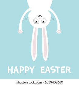 Happy Easter. White bunny rabbit. Funny head face silhouette hanging upside down. Eyes, teeth, hands paw print. Cute cartoon character Baby collection. Flat design Blue background. Vector illustration