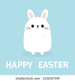 Happy Easter. White bunny rabbit. Funny face head body. Cute kawaii cartoon character. Baby greeting card. Blue background. Flat design. Vector illustration