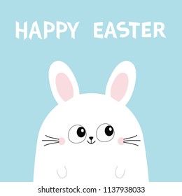 Happy Easter. White bunny rabbit head face. Funny head face. Big eyes. Cute kawaii cartoon character. Baby greeting card template. Blue background. Flat design. Vector illustration
