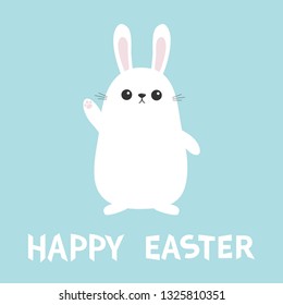 Happy Easter. White bunny rabbit waving hand. Funny head face. Big ears. Cute kawaii cartoon character. Baby greeting card Blue pastel color background. Flat design. Vector illustration