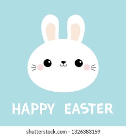 Happy Easter. White bunny rabbit round face head icon. Big ears. Cute kawaii funny cartoon character. Baby greeting card Blue pastel color background. Flat design. Vector illustration