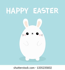 Happy Easter. White bunny rabbit. Painting egg shape. Funny head face. Big ears. Cute kawaii cartoon character. Baby greeting card Blue pastel color background. Flat design. Vector illustration