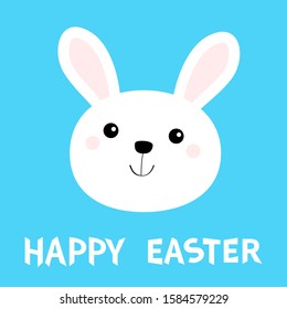 Happy Easter. White bunny rabbit hare face head round icon. Cute kawaii cartoon funny character. Baby greeting card. Blue background. Flat design. Vector illustration