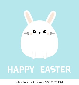Happy Easter. White bunny rabbit icon. Funny head face. Cute kawaii cartoon round character. Baby greeting card template. Sign symbol. Blue background. Flat design. Vector illustration