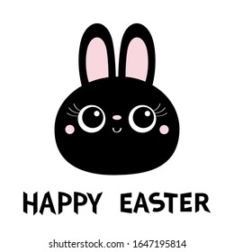  Feliz Pascua.Icono de la cabeza redonda de conejo blanco. Grandes pestañas. Caricatura kawaii graciosa, personaje de bebé. Animal escandinavo. Tarjeta de felicitación. Fondo azul. Diseño plano. Vector