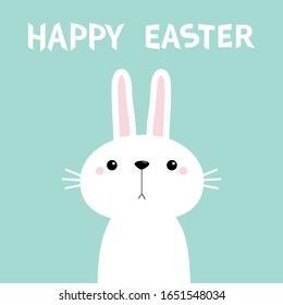  Feliz Pascua. Conejo conejo conejo blanco. Caricatura kawaii personaje de bebé gracioso. Animales de granja. Fondo azul. Tarjeta de saludo de primavera. Aislado. Diseño plano. Ilustración del vector
