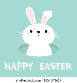 Happy Easter. White bunny in rabbit hole. Cute cartoon kawaii funny baby character. Farm animal. White long ears. Spring greeting card. Isolated. Blue background. Flat design. Vector illustration
