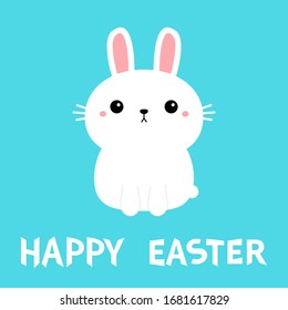 Happy Easter. White bunny rabbit icon. Cute funny head face. Kawaii cartoon character. Pink cheeks. Baby greeting card template. Notebook cover, tshirt. Blue background Flat design Vector illustration