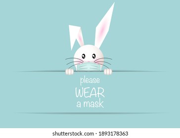 Happy Easter white bunny rabbit Wear a protective face mask against covid-19. Coronavirus alert for Easter card, banner, invitation, poster, stay home. Vector isolated on light blue background 