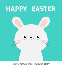 Happy Easter. White bunny rabbit hare silhouette icon. Pink cheeks. Cute kawaii cartoon character. Valentines Day. Baby greeting card tshirt notebook sticker print. Blue background. Flat design Vector