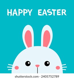 Happy Easter. White bunny rabbit hare silhouette icon. Peaking face head. Pink cheeks. Cute kawaii cartoon baby character. Valentines Day. Baby greeting card. Blue background. Flat design. Vector