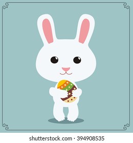 Happy easter! White bunny rabbit with egg in hands.