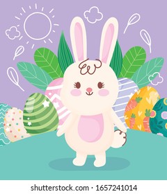 happy easter white cute rabbit eggs decoration leaves on grass vector illustration