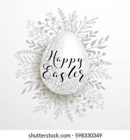 Happy easter white decorated egg on gray background with branches, cute, elegant design for card design, flyer,  poster, banner, voucher, web element.