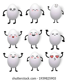 Happy Easter white eggs nine different face cartoon isolated on white background - vector illustration