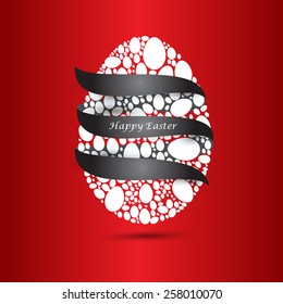Happy Easter. White Easter eggs wrapped in black ribbon. Red background.Vector EPS 10 . Uskrs.