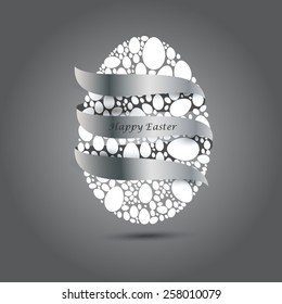 Happy Easter. White Easter eggs wrapped in grey  ribbon. Grey background.Vector EPS 10 . Uskrs.