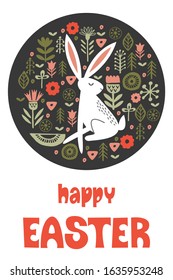 happy Easter. White hare in a circular floral pattern. Vector illustration on a dark background. Greeting card.