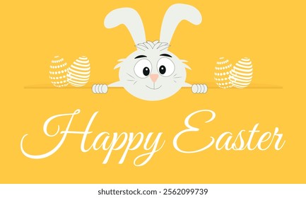 Happy Easter, White hare, rabbit on yellow background. Vector illustration