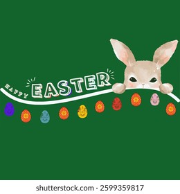 Happy Easter white lettering with lovely rabbit and eggs hand-drawing on green background vector illustration.