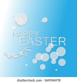 Happy easter white lettering with a rabbit on a light blue background.