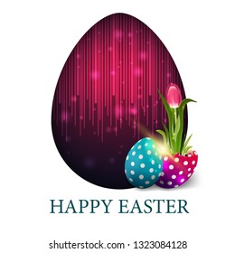 Happy Easter, white modern postcard with big egg and tulip growing from Easter egg