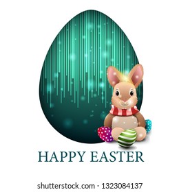 Happy Easter, white modern postcard with big egg and Easter bunny