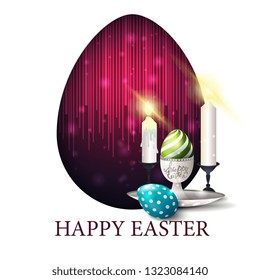 Happy Easter, white modern postcard with big egg and Easter eggs and candles