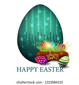 Happy Easter, white modern postcard with big egg and Easter eggs