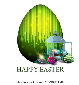Happy Easter, white modern postcard with big egg and antique lantern with Easter eggs