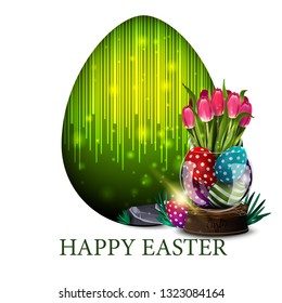 Happy Easter, white modern postcard with big egg and vase with Easter eggs and tulips