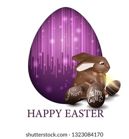 Happy Easter, white modern postcard with big egg and chocolate Easter Bunny