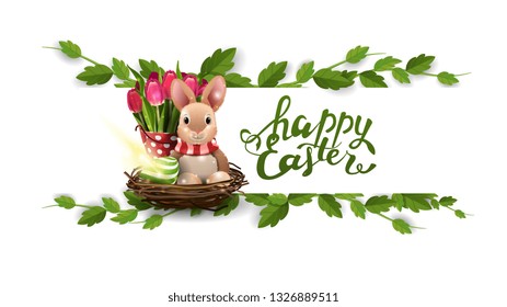 Happy Easter, white postcard with frame of liana, Easter Bunny and tulips